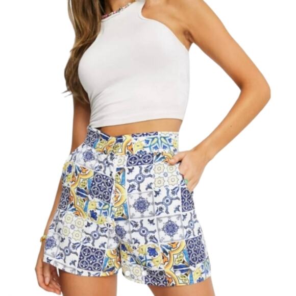 Never Fully Dressed Amalfi Tile Print High Rise Shorts Blue Yellow Boho Size 18 - Picture 1 of 10